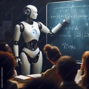 Humanoid education robot teaching pupils in a school classroom. Children and humanoid robot teacher. Artificial intelligence. Students in high-tech classroom. LLM. AI-powered education. Generative AI