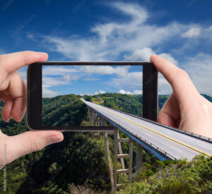 Landscape with a bridge in mobile phone
