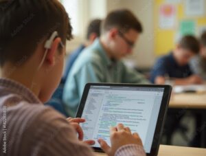Student with hearing aid using tablet and speech-to-text app in an inclusive classroom learning environment.