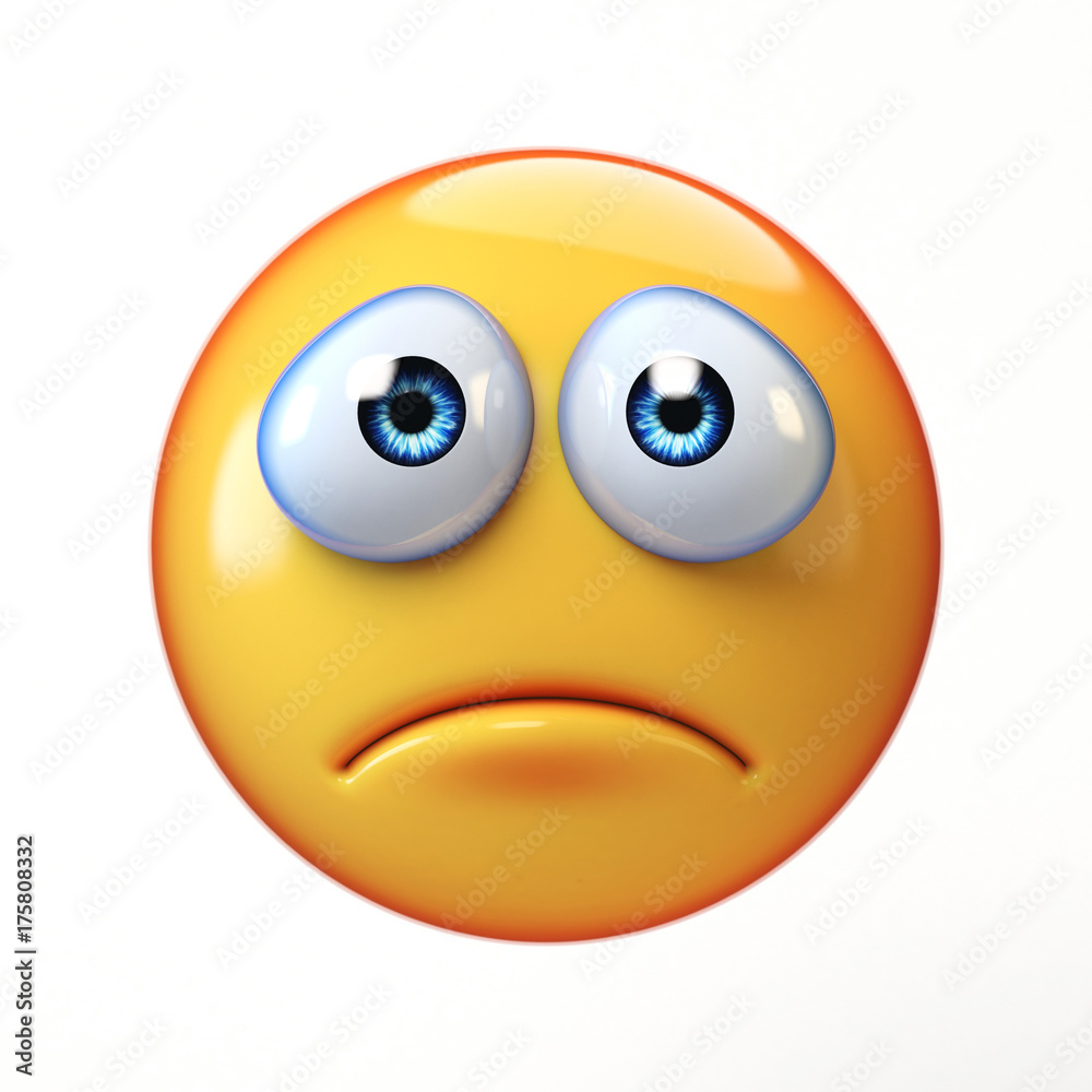 Sad emoji isolated on white background, depressed emoticon 3d rendering