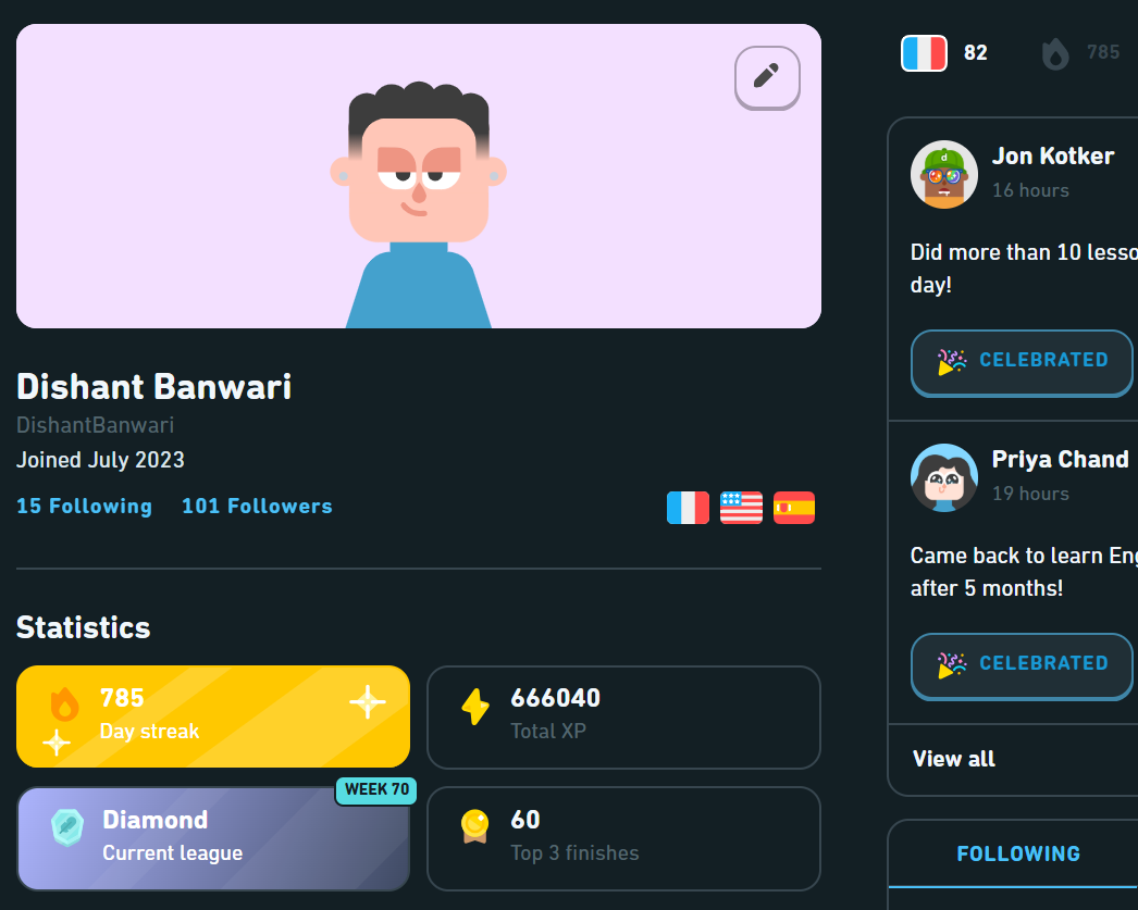 Screenshot of Duolingo Profile and Statistics like Streak and Experience points