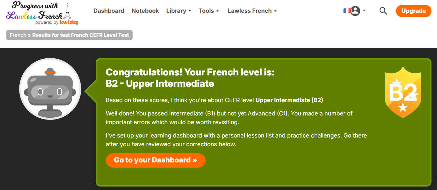 Screenshot of Lawless French CEFR exam results