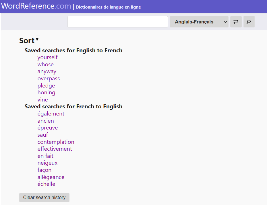 screenshot of WordReference search history