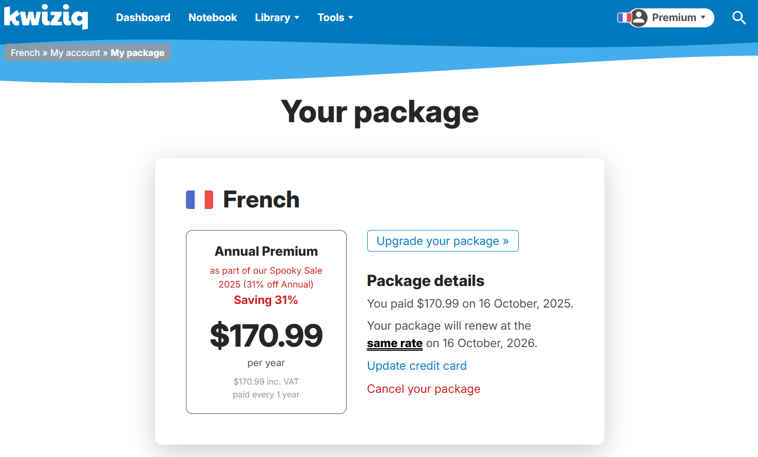 Screenshot of Kwiziq plan
