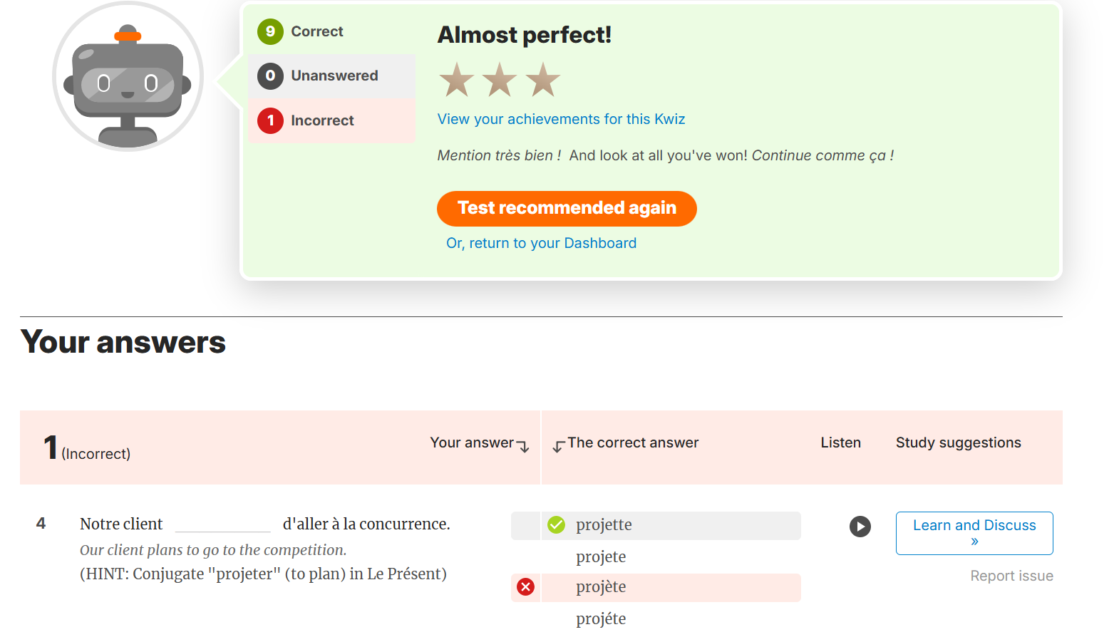 Screenshot of mistake on Kwiziq