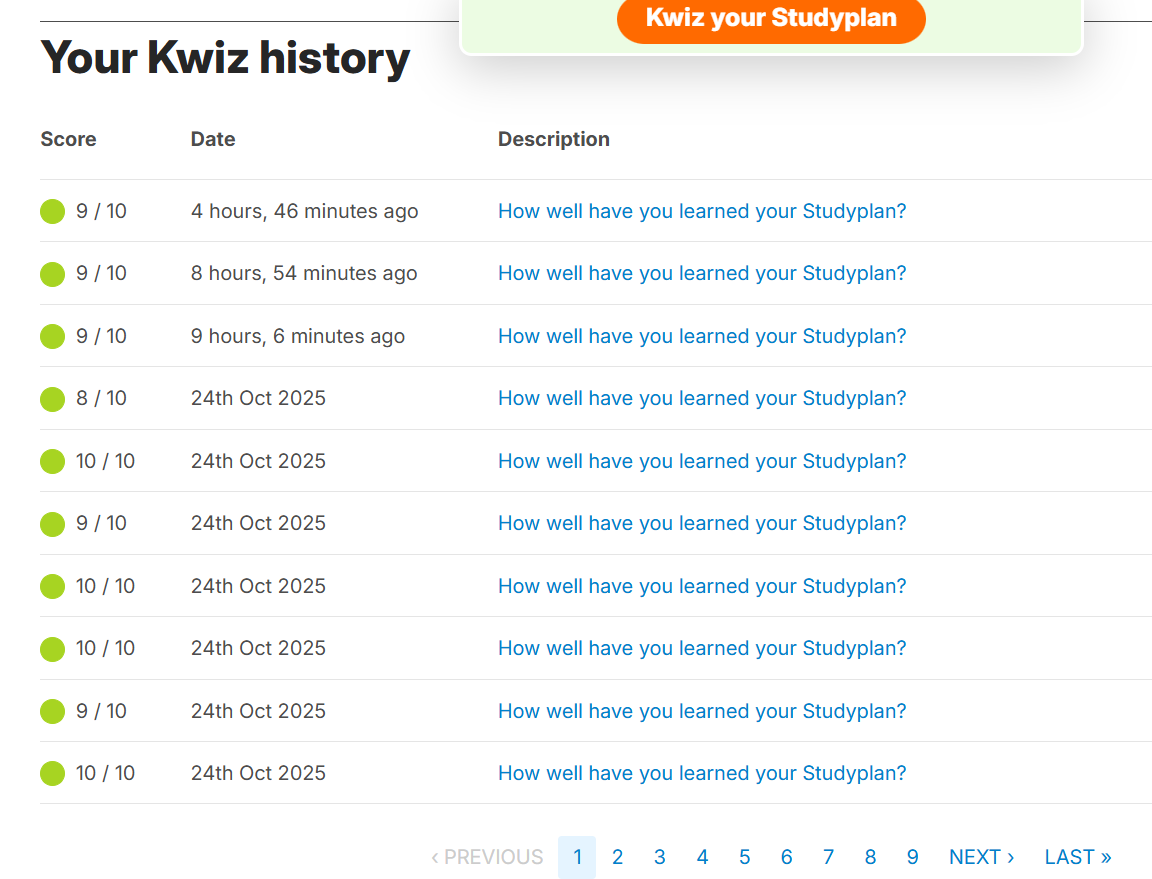 Screenshot of Lesson Logs or Kwiz history