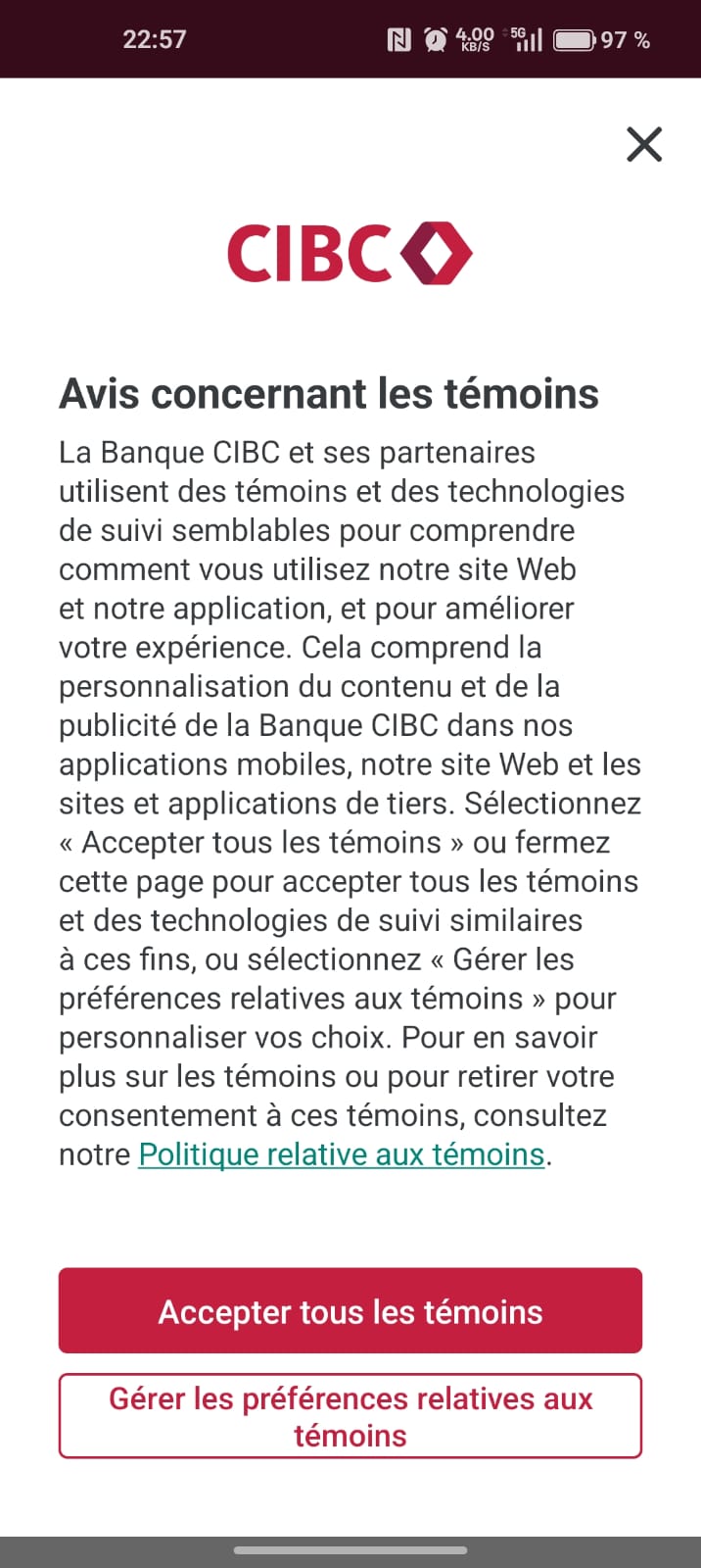 Screenshot of CIBC bank message.