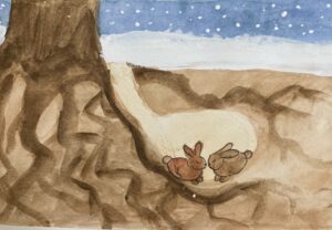 a watercolour painting showing two rabbits in their underground burrow beneath some tree roots. Above them, snow is falling and it is winter.
