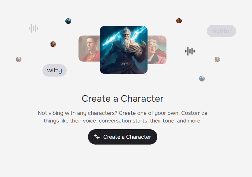 Screen capture from character.ai website