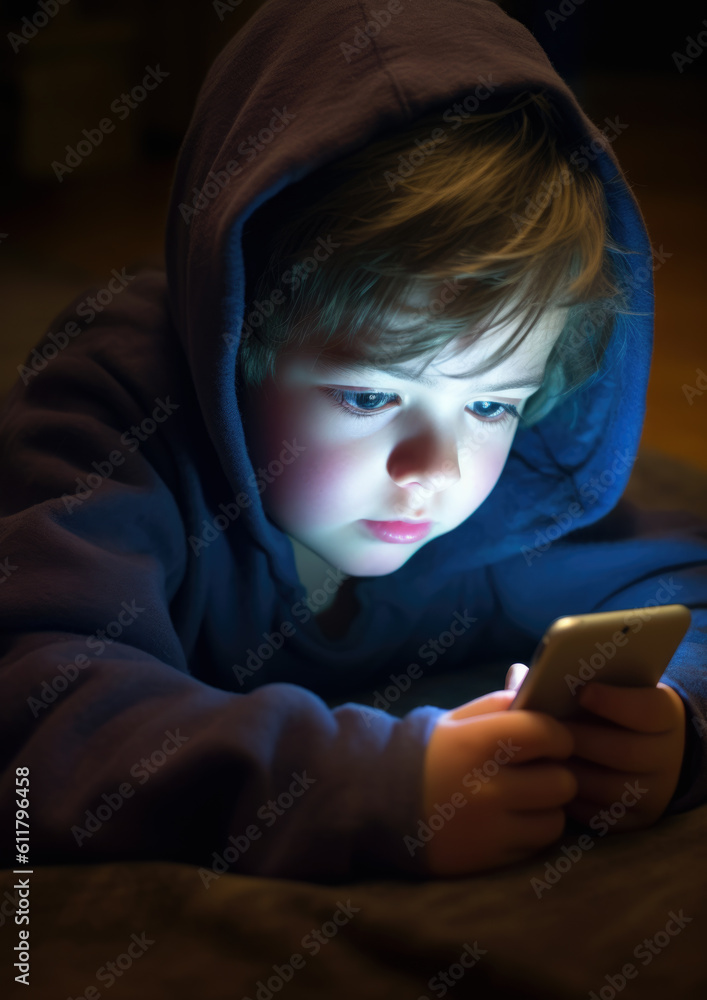 Small boy watching movie or playing game on his smartphone in the evening. Closeup detail, his face illuminated by device screen. Generative AI