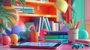 Colorful Study Desk with Books and Modern Gadgets