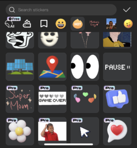 Screen shot of sticker bank. Search bar at the top. from left to right: cartoon man with wide open mouth and tongue out, white skin care mask, two stings, bottom of mans face with had over mouth.row 2: 3 cartoon solar panels, map with red pin, eyes looking to the left, word pause with pause sign at end. row 3: all pro stickers words super mom, 5 hearts with three of 5 hearts filled in and word game over underneath, 5 hearts in circle one blue, green, red, pink, and yellow, lastly facebook thumbs up. 