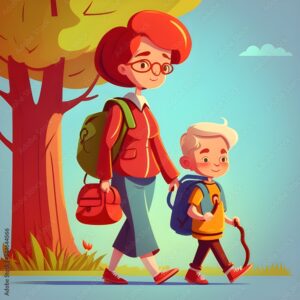 parent and child walking to school cartoon style autumn