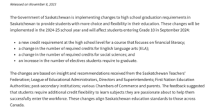 the updated graduation requirements as set by the government of Saskatchewan