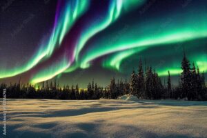 soft northern lights aurora show over sparse spruce trees and wind blown snow drift
