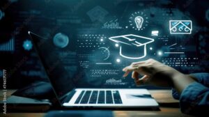 education icon on virtual screen on laptop. learning, technology education concept .online lesson learning