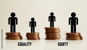 Equality and equity concepts are shown using the text and metaphor with coins. Social equity and equality concepts
