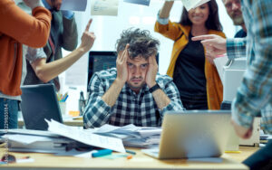 Office employee looking at stack of documents lying on table. Concept of overload and paperwork.
