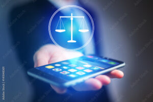 Businessman hand holding mobile phone with justice icon