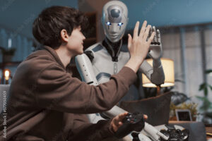 Boy and AI robot playing together at home