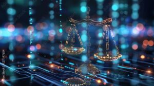 future of justice with AI technology concept, balance scale with neon bokeh light cybernetic verse