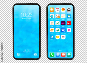Modern mobile phone mockup with sample home screens. User interface and app icons are completely made up.