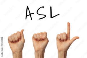 Woman showing abbreviation ASL on white background. Sign language concept