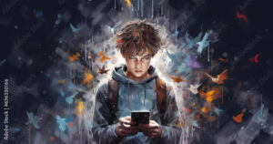 A young boy using social media or gaming on a cellphone or mobile phone. Online safety. A mix of emotions and mayhem surrounds the child. Social media addiction and manipulation..