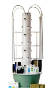 Image displays a hydroponics tower from the Tower Garden company