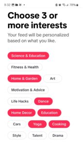 screen shot of TikTok categories I selected