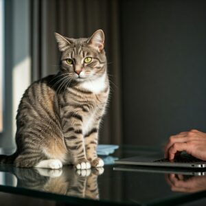 AI generated photo of cat on a desk with owner working in the background