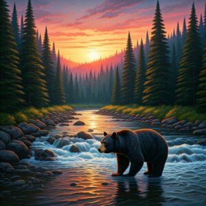 AI generated image of a bear in a stream at sunset