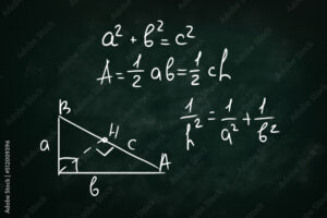 Basic triangle area formulas and Pythagorean theorem written on chalkboard