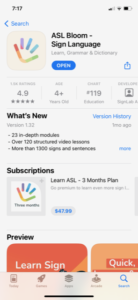 An Apple app store page for the app ASL Bloom