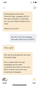 A screenshot of the ASL Bloom app explaining the ASL is a language separate from English.