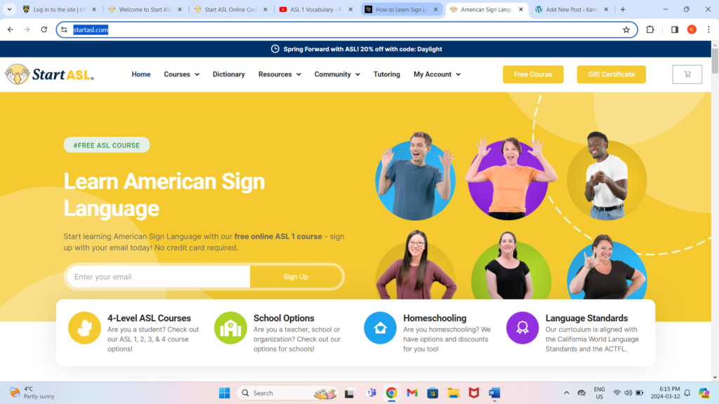 Screenshot of the ASL Start website homescreen.