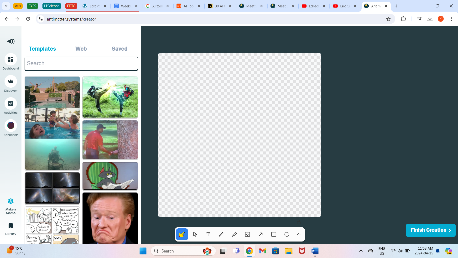 Screenshot of meme maker. The left side allows you to pick your background. You create it in the center of the screen