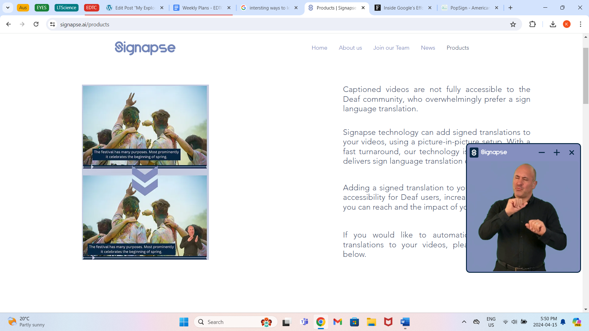 Screenshot of Signapse website with an AI ASL interpreter in the corner.