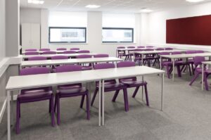 classroom, purple, chairs