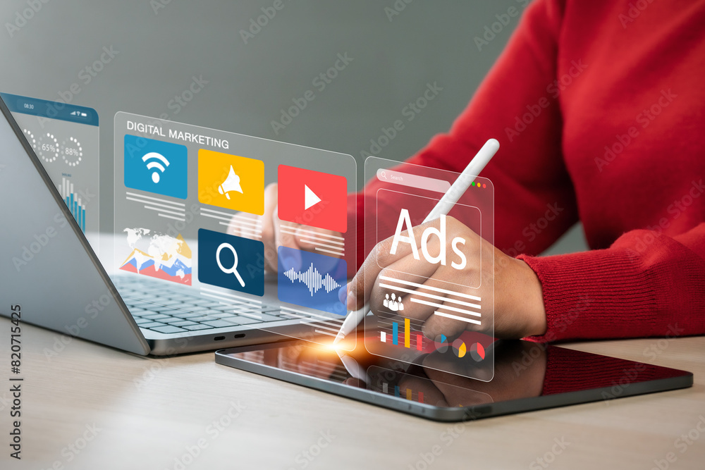 Online sales concept of digital marketing, ad, product ads, promotion of products or services through digital tools. Online advertising concept Internet advertising digital marketing Social media