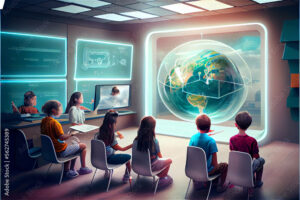 Futuristic school classroom with augmented reality projected in a electronic blackboard, generative AI