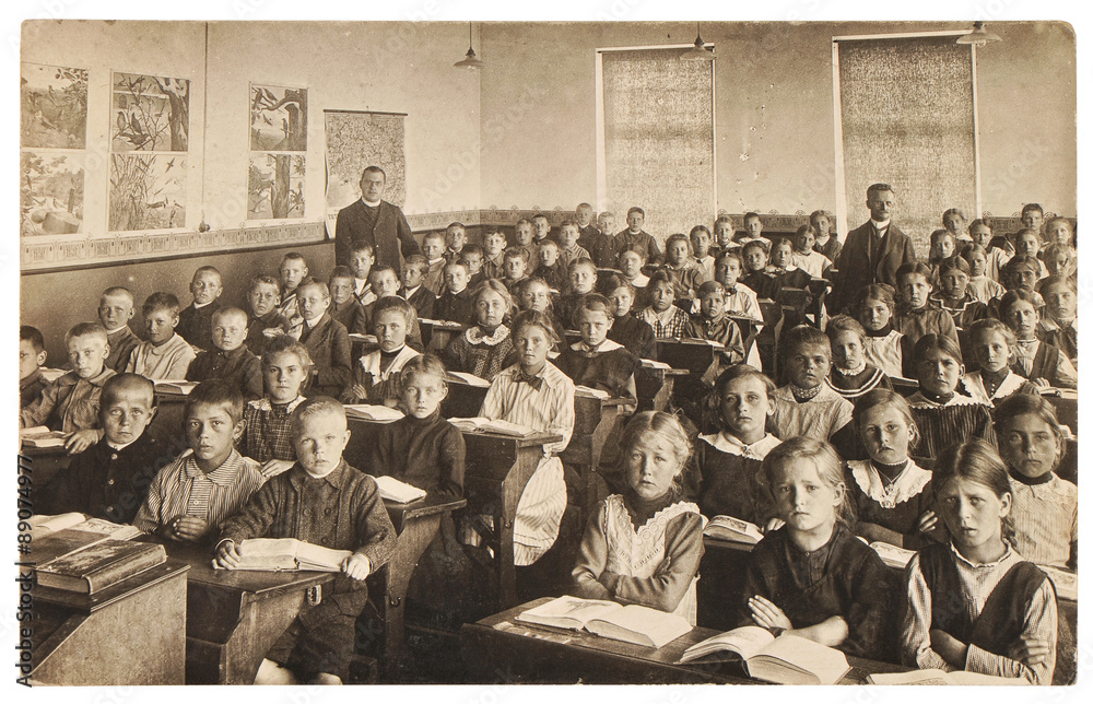 Retro picture of classmates. Group of children in the classroom