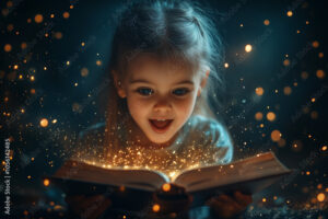 Little girl reading a book with glowing sparkles around.