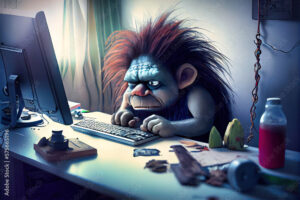 Internet troll - online troll in a dusky bedroom angrily focused on writing hateful comments.