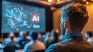 Man Watching AI Presentation in a Conference Room