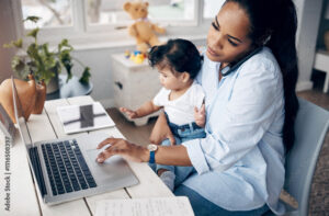 Mother, baby and multitasking with phone call for remote work, freelance talk or life balance in home. Brand consultant, laptop or juggling child care task for time management and responsibility