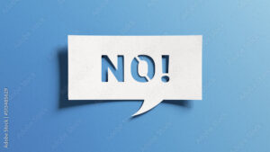No sign showing negative answer or decision, disagreement, rejection, refusal or contradiction. Word no on cutout paper speech bubble on blue background.