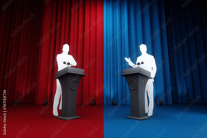 Political debates, struggle for leadership, power, appeal to voters, two candidates. Two stands with microphones and silhouettes of candidates. Mixed media.