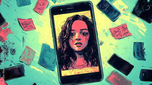 smartphone with a sad girl face in the screen, with a lots of messages of hate popping around the smartphone, online cyber bullying concept.