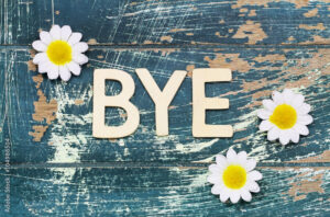 Word bye written with wooden letters on rustic surface and white daisies
